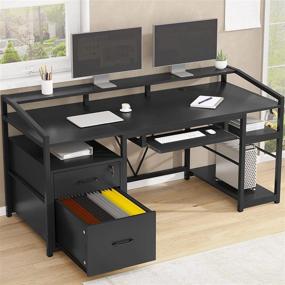 img 4 attached to Black Home Office Desk With Lockable Legal/Letter/A4 File Drawers, Keyboard Tray, Monitor Shelf, And Printer Space - "SEDETA 63