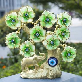 img 2 attached to Turkish Blue Evil Eye Gold Fortune Tree Home Decor With Elephant Figurine And Green Flowers
