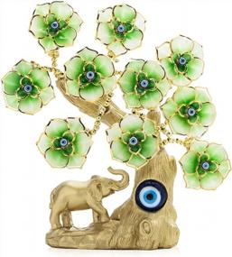 img 4 attached to Turkish Blue Evil Eye Gold Fortune Tree Home Decor With Elephant Figurine And Green Flowers