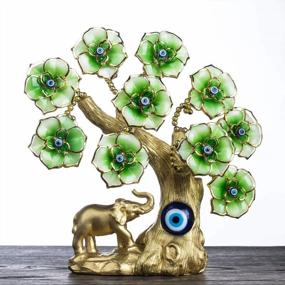 img 1 attached to Turkish Blue Evil Eye Gold Fortune Tree Home Decor With Elephant Figurine And Green Flowers