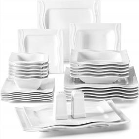 img 4 attached to MALACASA Square Dinnerware Sets, 28-Piece Ivory White Dish Set For 6, Porcelain Dinner Set With Plates And Bowls Sets, Salt Pepper Pot And Serving Platters, Dinnerware Microwave Safe , Series Mario