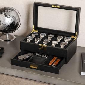 img 3 attached to ROTHWELL 10-Slot Watch Box In Leather With Valet Drawer, Luxury Watch Case Display Organizer With Ultra Soft Microsuede Liner, Jewelry And Sunglass Holder With Large Glass Top (Black/Black)