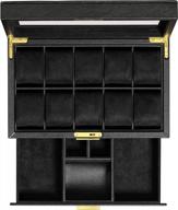 rothwell 10-slot watch box in leather with valet drawer, luxury watch case display organizer with ultra soft microsuede liner, jewelry and sunglass holder with large glass top (black/black) logo