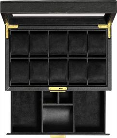 img 4 attached to ROTHWELL 10-Slot Watch Box In Leather With Valet Drawer, Luxury Watch Case Display Organizer With Ultra Soft Microsuede Liner, Jewelry And Sunglass Holder With Large Glass Top (Black/Black)