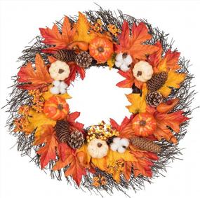 img 4 attached to 20" Autumn Fall Wreath With Pumpkin, Pinecone, Cotton Boll, Berries - Maple Leaves Harvest Decoration For Thanksgiving And Door Decor