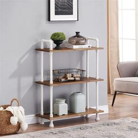 img 3 attached to Small 3 Shelf White Bookshelf For Kids Bedroom | Modern Industrial Leaning Bookcases With Low Rustic Storage Shelf | Solid Wood Farmhouse Plant Shelf And Wide Open Pipe Design