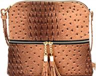 taupe ostrich print pu leather crossbody bag purse with tassel front pocket - matte rectangular shape logo