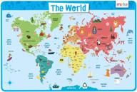merka kids educational world atlas placemat with non-slip material and reusable plastic for learning continents, countries, and oceans in dining and kitchen tables logo