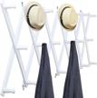 expandable wooden accordian wall hanger for home and office - white coat rack and hat rack for wall with 20 peg hooks, ideal for organizing hats and caps logo