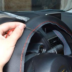 img 3 attached to 🔧 DIY Car Steering Wheel Cover - Genuine Leather with Needles and Thread, Fits Steering Wheel Diameter 37-38cm. Comes with 4 Golden and 4 Black Car Wheel Tire Valve caps.