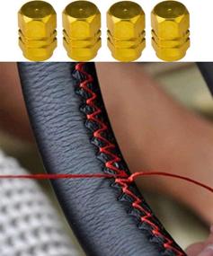 img 4 attached to 🔧 DIY Car Steering Wheel Cover - Genuine Leather with Needles and Thread, Fits Steering Wheel Diameter 37-38cm. Comes with 4 Golden and 4 Black Car Wheel Tire Valve caps.