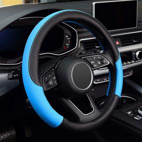 img 4 attached to LABBYWAY Microfiber Leather Steering Wheel Cover - Universal Fit 15 Inch Car Wheel Protector, Anti-Slip (Black and Blue)