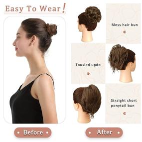 img 1 attached to BARSDAR 3PCS Hair Bun Extensions, Messy Bun Hairpiece Straight Short Ponytail Bun Tousled Updo Hair Extension Curly Synthetic Chignon Elastic Easy Hair Scrunchie For Women -Dark Brown Mix Auburn Evenly