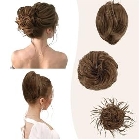 img 4 attached to BARSDAR 3PCS Hair Bun Extensions, Messy Bun Hairpiece Straight Short Ponytail Bun Tousled Updo Hair Extension Curly Synthetic Chignon Elastic Easy Hair Scrunchie For Women -Dark Brown Mix Auburn Evenly