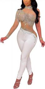 img 4 attached to Stun In Style: One Shoulder Jumpsuit With Rhinestone Mesh And Bodycon Fit For Women