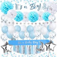 68-piece baby shower decor kit "it's a boy" - blue, silver & white balloons, tissue paper pom poms, banners & more! logo