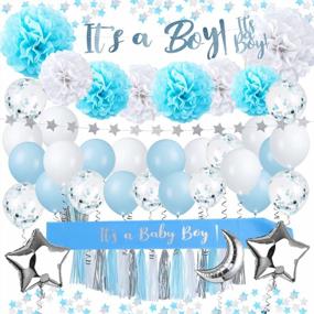 img 4 attached to 68-Piece Baby Shower Decor Kit "It'S A Boy" - Blue, Silver & White Balloons, Tissue Paper Pom Poms, Banners & More!