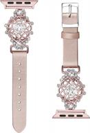secbolt bling flower band compatible with apple watch bands 38mm 40mm 41mm iwatch series 8/7/6/se/5/4/3/2/1,top grain leather with rhinestones wristband strap jewelry accessories for women (rose gold, large) logo
