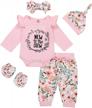 complete baby girl outfit set with romper, pants, hat, headband and gloves - adorable letter print and floral design by zoelnic logo