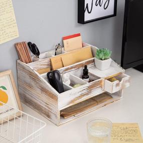 img 1 attached to Wood Desk Drawer Organizers With File Organizer Pen Holder Office Decor Combo For Desk Organization Home Can Arrange Office Supplies Such As Calculators Scissors Pens Note Papers, Etc. (Washed White)