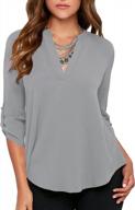 stylish and chic women's v-neck work blouse with cuffed sleeves by roswear logo