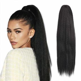 img 4 attached to 20Inch Afro Kinky Curly Black Ponytail Hair Extension Drawstring Pony Tail For Black Women - Docute Yaki Kinky Straight Hair Drawstring Ponytails