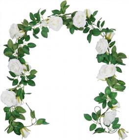 img 1 attached to Набор из 2 искусственных гирлянд из роз с листьями зелени для свадебного фона и декора комнаты - Белая роза, висящая цветочная лоза от SHACOS