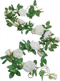 img 2 attached to Набор из 2 искусственных гирлянд из роз с листьями зелени для свадебного фона и декора комнаты - Белая роза, висящая цветочная лоза от SHACOS