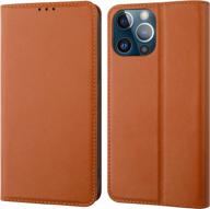 protect your iphone 12 pro max with onetop genuine leather wallet case: wireless charging, rfid blocking & kickstand - brown logo