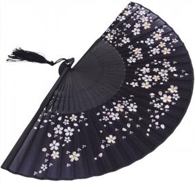 img 2 attached to Retro Black Bamboo Silk Hand Fan For Women - Perfect Folding Handheld Fan For Festivals, Weddings, Dancing, And Parties