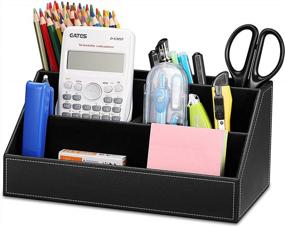 img 1 attached to SITHON Remote Control Holder: Multi-Functional PU Leather Desk Organizer With 5 Compartments For Home Office Supplies & Accessories Storage - Business Card Phone Stationery (Black)