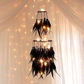 img 3 attached to Dream Catcher With LED Fairy Lights Wall Hanging Ornaments - White Double Circle Feather Decor For Bedroom, Wedding, Boho Chic Party & Nursery (Black)