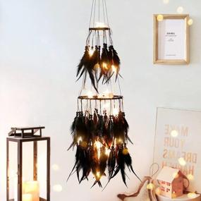 img 4 attached to Dream Catcher With LED Fairy Lights Wall Hanging Ornaments - White Double Circle Feather Decor For Bedroom, Wedding, Boho Chic Party & Nursery (Black)