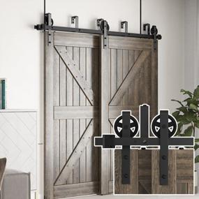 img 4 attached to Skysen Heavy Duty Double Door Sliding Barn Door Hardware Kit - 5.5FT Low Ceiling Double Track Bypass With Black Spoke Wheels