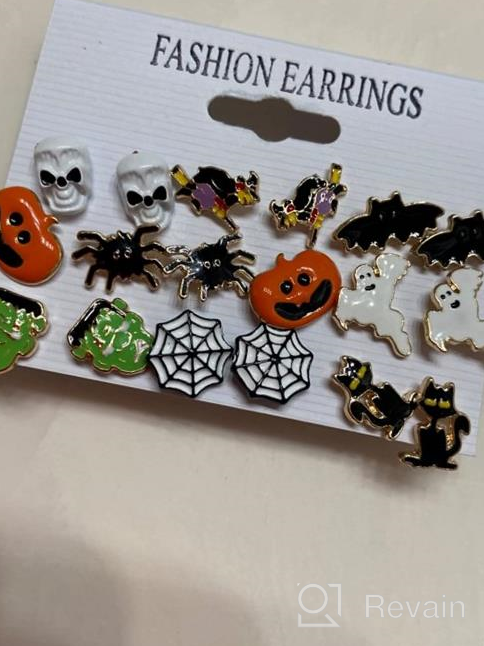 img 1 attached to PHALIN Halloween Earrings Set - Stylish Spider Web Pumpkin Ghost Bat Drop Earring Studs for Women & Girls - Halloween Party Jewelry Set review by Courtney Cameron