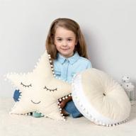 🌟 set of 2 decorative kids pillows with pom poms - round throw pillow & star shaped pillow, soft plush cute pillows for baby room girls bedroom nursery decor, fun throw cushion for bed crib canopy, white логотип