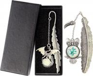 vintage glow in the dark metal bookmarks: dragon & owl antique silver 2 pack, perfect gift for men and women логотип
