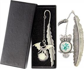 img 4 attached to Vintage Glow in The Dark Metal Bookmarks: Dragon & Owl Antique Silver 2 Pack, Perfect Gift for Men and Women