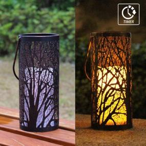 img 4 attached to Decorative Lantern With Timer And Flameless Candle: PetGirl Forest Lantern With Engraved Steel And Bronze Undertones - Perfect For Indoor/Outdoor Use With Hanging Option, Battery-Powered (3AAA)
