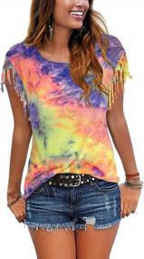 img 2 attached to Womens Tie Dye T-Shirts With Tassels: Trendy Casual Short Sleeved Summer Tops By FOWSMON
