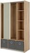 tvilum lola 3 bin curtain storage center - oak structure & natural fabric with grey textile accents logo
