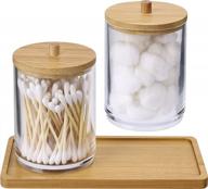 2-pack acrylic q-tip holder dispenser with bamboo tray and 10oz bathroom canister apothecary jars for cotton ball, swab & q-tips accessories storage organizer logo