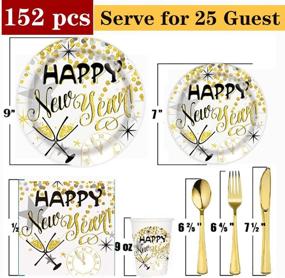 img 3 attached to PAMMYAN 2022 New Year's Eve Party Supplies - 150 PCS Disposable Tableware Set with Golden Paper Plates, Napkins, Cups & Plastic Forks, Knives, Spoons - Tablecloth Included