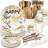 pammyan 2022 new year's eve party supplies - 150 pcs disposable tableware set with golden paper plates, napkins, cups & plastic forks, knives, spoons - tablecloth included logo