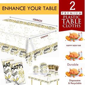 img 2 attached to PAMMYAN 2022 New Year's Eve Party Supplies - 150 PCS Disposable Tableware Set with Golden Paper Plates, Napkins, Cups & Plastic Forks, Knives, Spoons - Tablecloth Included