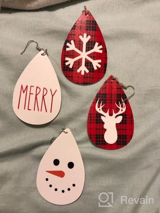 img 1 attached to 4 Pairs Red and White Merry Christmas Theme Teardrop Leather Drop Earrings featuring Snowflake, Reindeer, Snowman, and Kilt Grid Print Patterns - Dangle Xmas Jewelry for Women and Girls (B white) review by Claudia Davis