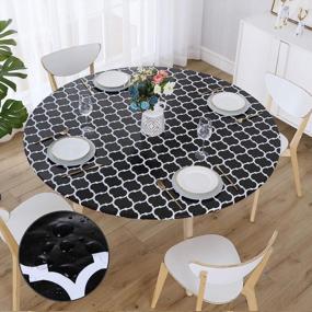 img 4 attached to Smiry Round Fitted Vinyl Table Cloth Cover Elastic Edged Flannel Backed, Waterproof Wipeable Moroccan Trellis Vinyl Tablecloth For 45"-56" Round Tables, Black