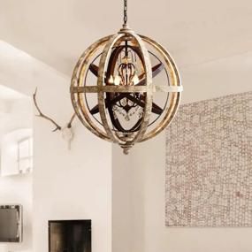 img 1 attached to Rustic Wooden Globe Metal Crystal Chandelier With 5 Candle-Style Lights: KunMai Retro Weathered Pendant Light Fixture (Large)