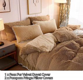 img 3 attached to LIFEREVO Luxury Plush Shaggy Duvet Cover Set - Ultra Soft Crystal Velvet Bedding with Faux Fur Duvet Cover and Pompom Fringe Pillow Shams - Solid, Zipper Closure - Queen Size, Camel