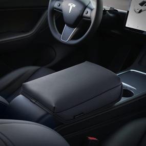 img 2 attached to 🚗 KMMOTORS Model Y and Model 3 Center Console Cover - Enhanced Black | Armrest Cushion with Console Protector | Vegan Leather Tesla Accessories